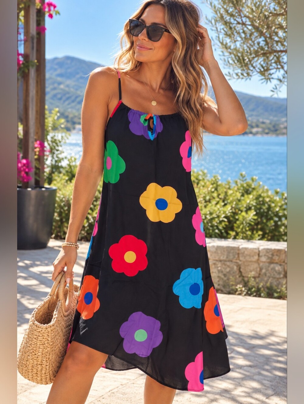 Black Floral Print Spaghetti-Strap Swim Cover-Up Dress
